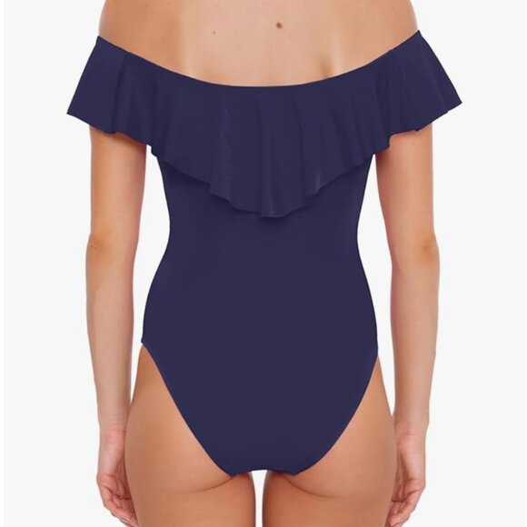 Trina Turk Paddle Suit Ruffle Monaco Navy Off Shoulder One Piece Swimsuit Size 8 - Picture 10 of 11